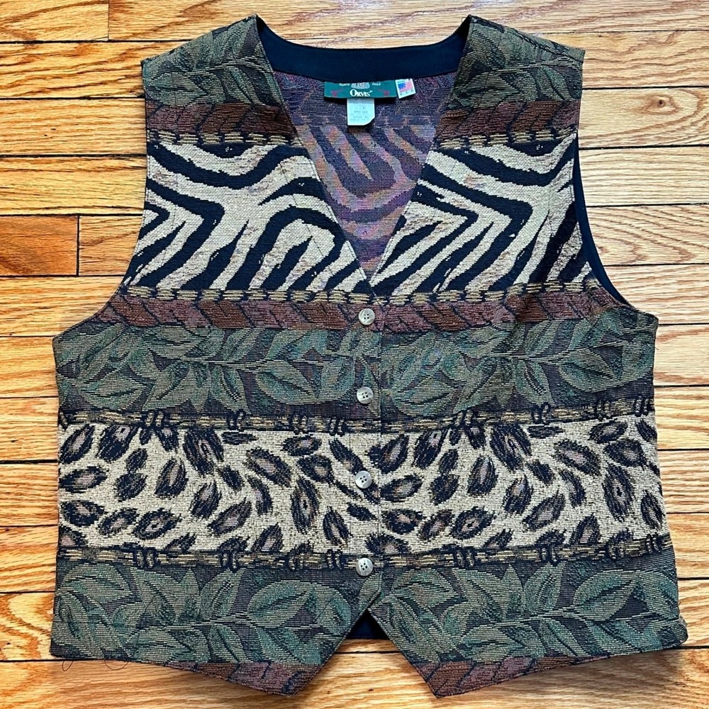 Vintage 90s Orvis Tapestry Animal Print Vest Waist Coat Womens XL USA Made